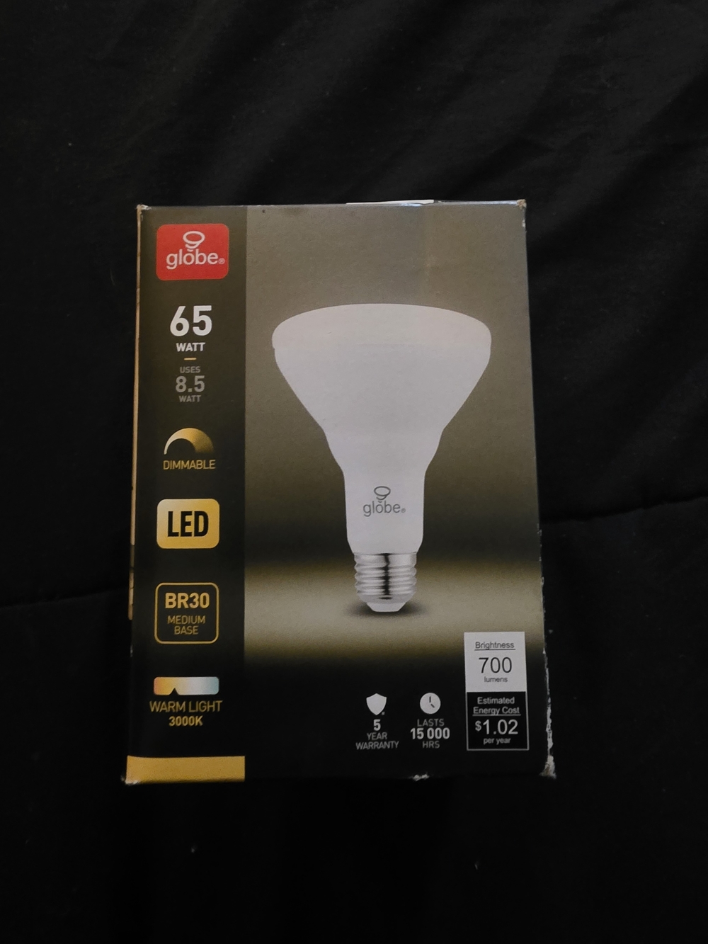 Globe LED BR30 Flood Light Bulb in White and Black Packaging